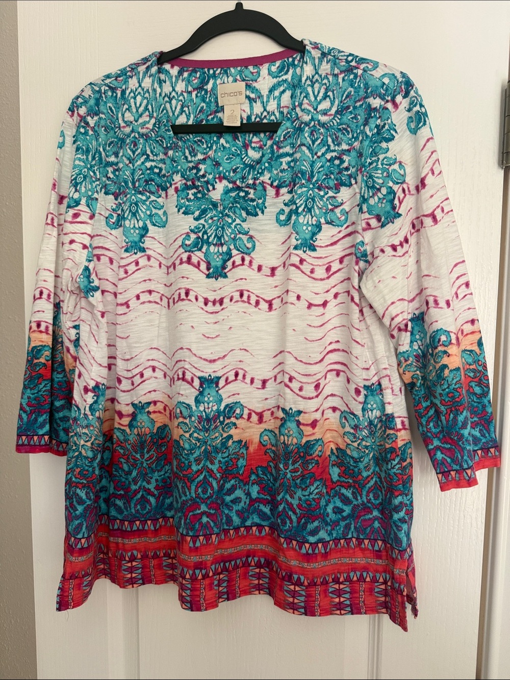Chico's White Teal Pink Orange Ombre Embroidered Tunic Top